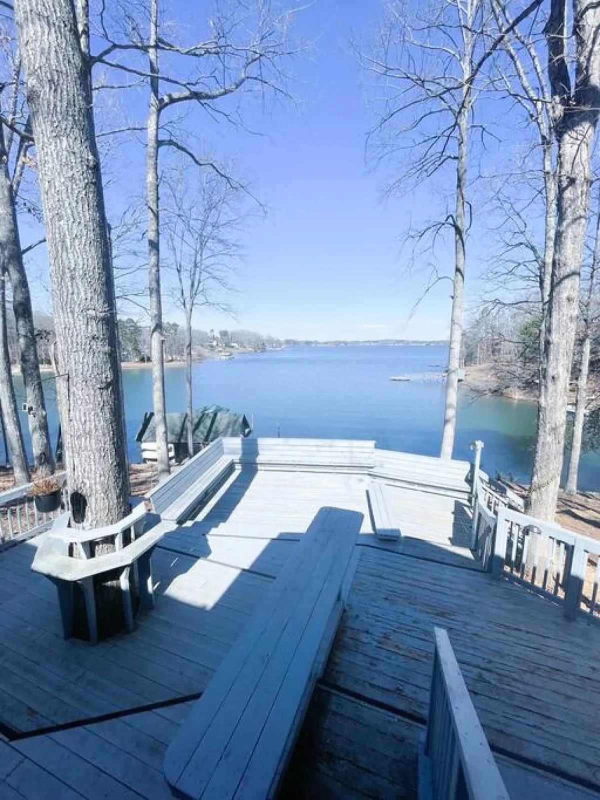 This image features a peaceful deck area overlooking a scenic lake, with a tree trunk and blue sky enhancing the natural setting. The space is ideal for outdoor dining, barbecuing, and relaxing with family while taking in the water views.
