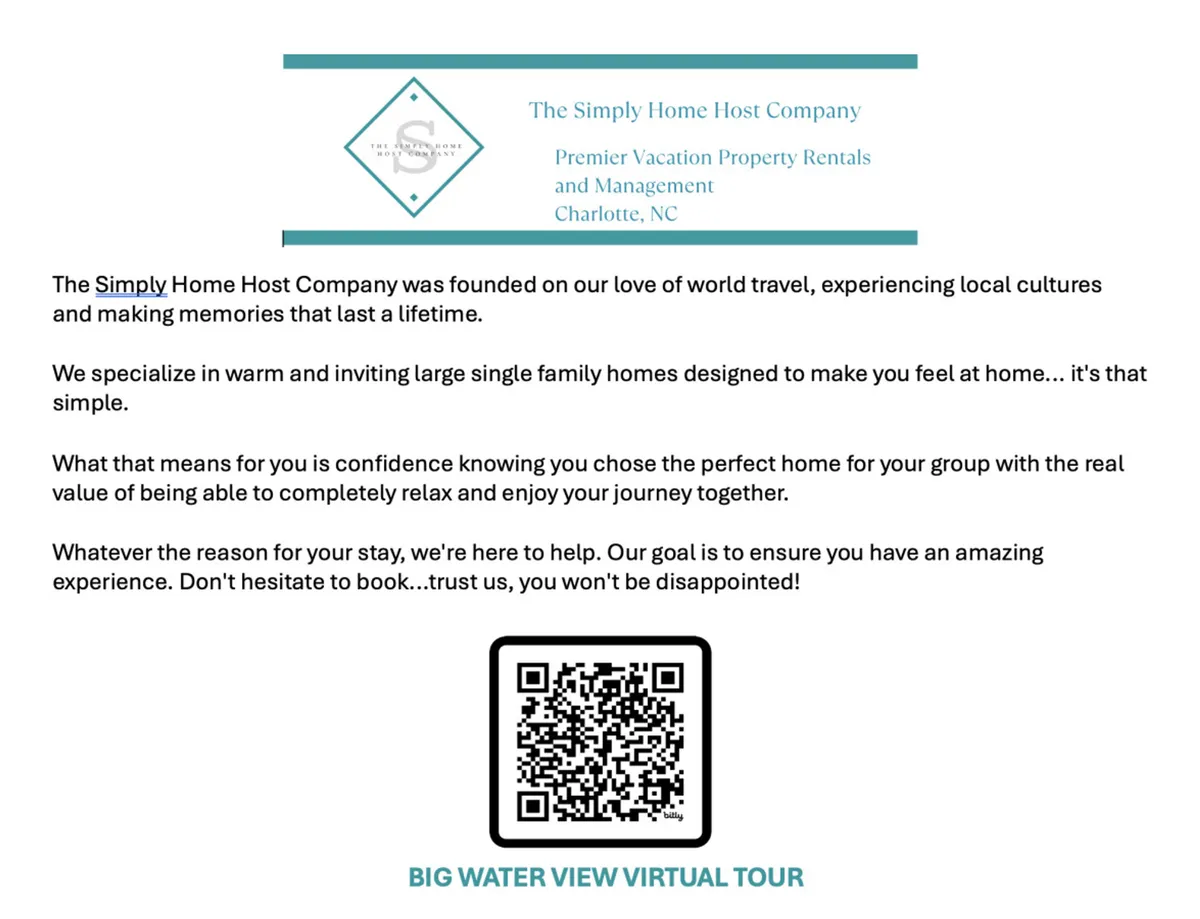 This interior image focuses on a company logo, a text description, and a QR code, set in a welcoming, branded environment. The scene is designed to convey professionalism and clear communication, aligning with the emphasis on professional host support, transparent processes, and guest services.